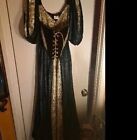  Wizards Wardrobe Velvet Black Corset Gothic Cosplay Long Green & Gold Dress S