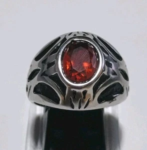 Mens Stainless Steel.Silver RED Stone Cubic Zirconia Ring Size 11 - Picture 1 of 8