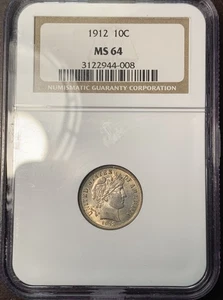 1912 10c Barber Silver Dime NGC MS64 - Picture 1 of 4