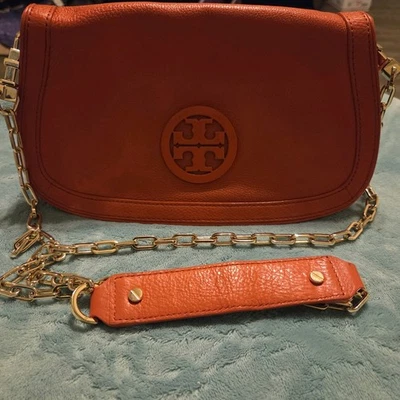 Tory Burch Amanda Logo Orange Crossbody Clutch Gold Chain Flap Magnetic Closure - Image 1 of 4