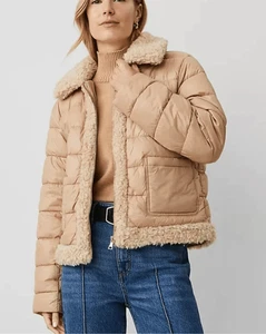 ANN TAYLOR Colección de fin de semana Café au lait Piel sintética Ribete Puffer Chaqueta TALLA XL NUEVO - Imagen 1 de 4