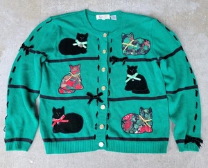 Vintage Talbots Katze Strickjacke Pullover Damen Medium Strick Knopfleiste Weihnachten  - Bild 1 von 6