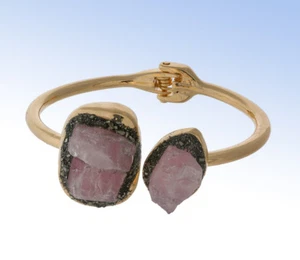 Gold-Tone Natural PINK STONE & Pyrite Hinged Cuff Bangle Bracelet - Picture 1 of 1