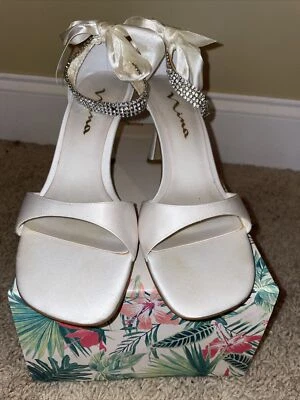 NINA RHINESTONE RIBBON TIE STRAP IVORY OPEN TOE HEEL - Image 1 of 4