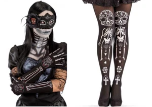 Day Of The Dead Tights Or Gloves Skull Skeleton Bones Pattern Halloween Costume - Picture 1 of 3
