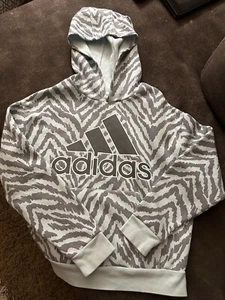 Adidas Hoodie Pullover Youth Large (14) All Over Print Logo Graphic White Black - Picture 1 of 3