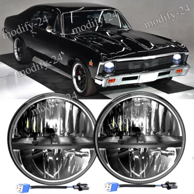 2PCS 7" Round LED Headlights Hi/Lo Beam Fit Chevy Nova 1969 1970 1971 1972- 1979 - Image 1 of 4
