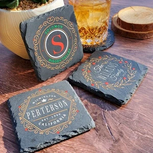 Monogram Custom Name Personalized Slate Stone Coaster Set - Picture 1 of 11