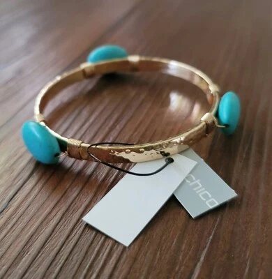 NWT CHICO'S BANGEL BRACELET GOLD / TURQUOISE COLOR STONES $35.00 - Image 1 of 4
