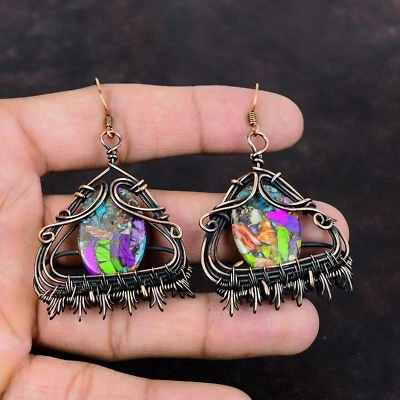 Gift For Her Copper Fiesta Kingman Turquoise Wire Wrapped Earrings 2.64" - Image 1 of 4