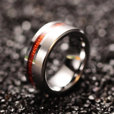 Anillo cepillado plateado para hombre con patrón de madera de 8 mm banda vintage de acero tungsteno talla 7-12 Foto 1 de 4