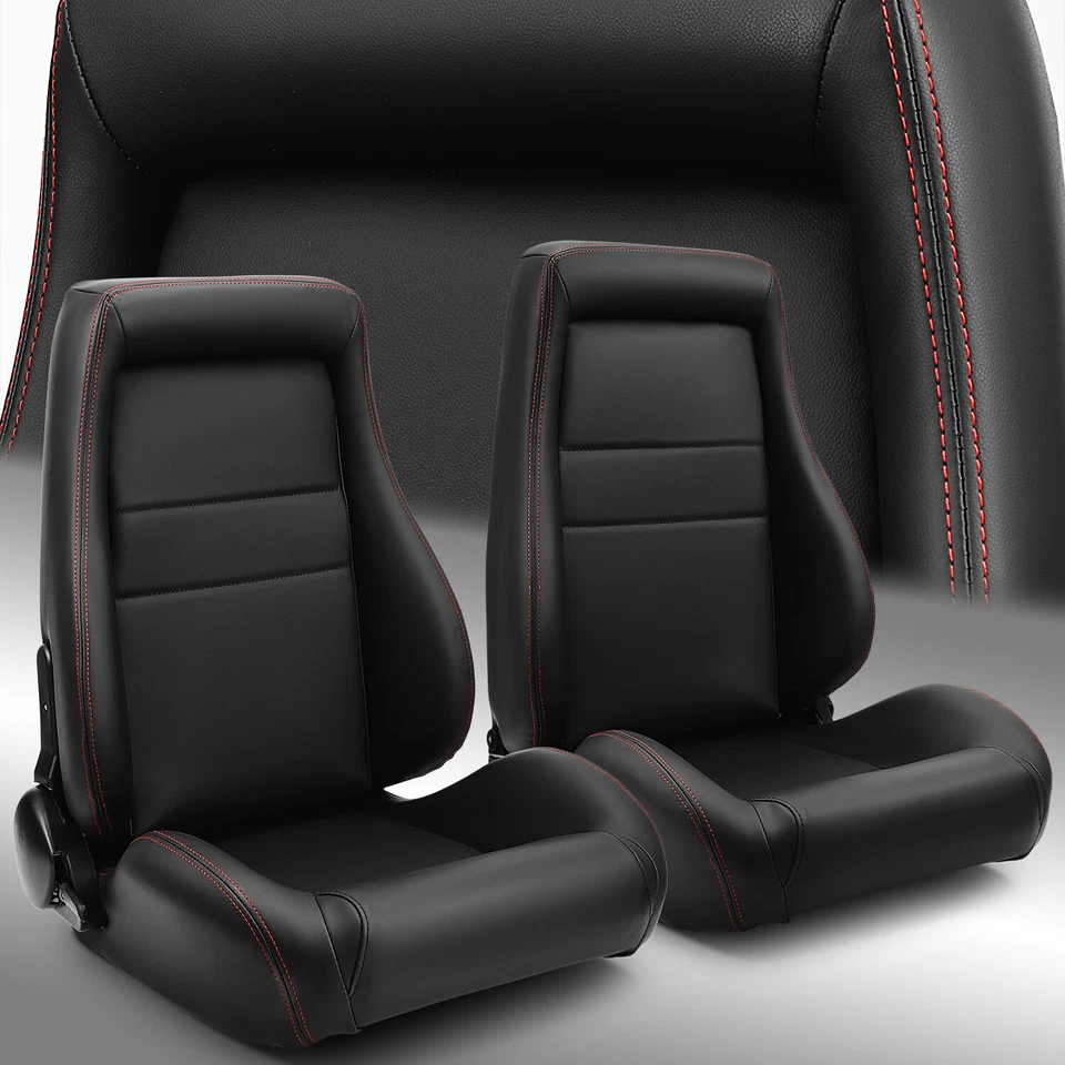 Universal 1 Pair Black OBS Style Seats Reclinable PVC Leather Car Seats - Image 1 of 4