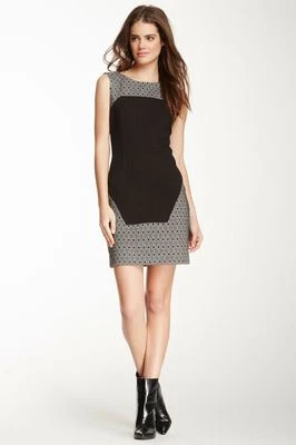 $325 TIBI DIAMOND JACQUARD KNIT PANELED DRESS SZ 8 BLACK -OFF WHITE COMBO - Image 1 of 4