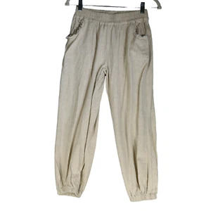 Umgee Joggers Pants Girls Teen Size S Beige Linen Cotton Blend Fray Pockets Boho - Picture 1 of 12