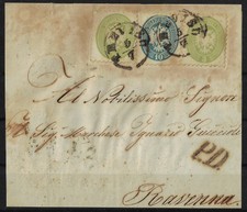 1864 Lombardo Veneto dent 9 1/2 3s e 10s cat 42+44 busta Treviso a Ravenna