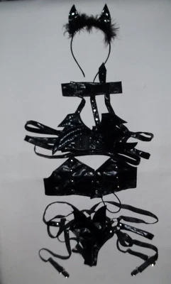 Faux leather strappy devil horn/wing bra & panties w/headband set S black goth - Image 1 of 3