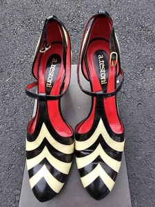 A. Testoni Italy Designer Shoes T-strap Shiny Calf+patent Leather Nero 37.5 - Picture 1 of 8
