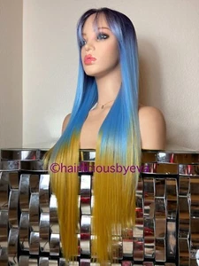 Pastel Rainbow Wig Ombré Lace Front Bangs Straight Mustard Yellow Light Blue - Picture 1 of 7