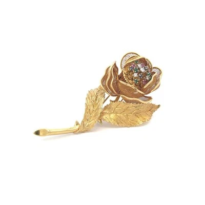 Broche rosa pétalos de malla móvil de oro amarillo de 18 k con diamantes y gemas Foto 1 de 4