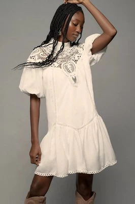 Anthropologie High-Neck Lace Tunic Mini Dress Crochet Lace White Size XS New - Image 1 of 4