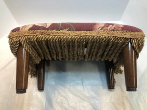 Vintage Upholstered Wood Foot Stool Ottoman Rectangle Floral Fringe - Picture 1 of 10
