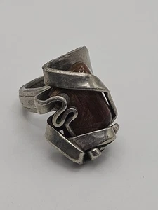 Vintage Handarbeit Modernist Gabel Ring Silberfarben Stein Grob Gr. 6 Verstellbar - Bild 1 von 13