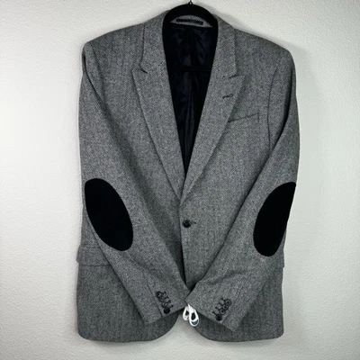 J. Lindeberg gray wool blend herringbone blazer black corduroy elbow patch 54L - Image 1 of 4
