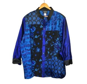 Koos Of Course Womens Silk Button Up Shirt Size 3X Top Blouse Artsy Boho Blue - Picture 1 of 6