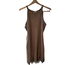 Poetry Dress Women's Size Medium Brown Faux Suede Slip Dress Cutout Lace Design - Picture 1 of 6