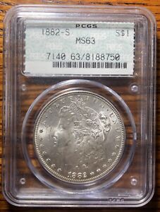 Rare Old PCGS Doily Holder MS63  1882-S Morgan Silver Dollar With Chip On Holder