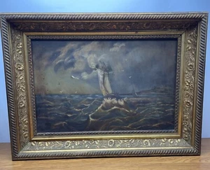 Antique Original Painting Seascape Rough Seas Sailboat Gold Gilt Frame 22x16 - Picture 1 of 15