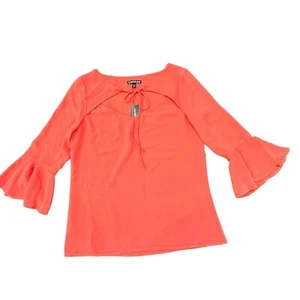 Express Orange Blouse V-Neck Chiffon Top XS Long Bell Sleeves Tie Neckline NWT - Picture 1 of 15