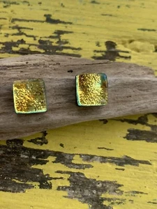 Sterling Silver Small Dichroic Glass Square Studs Handmade Cornwall Golden Sun - Picture 1 of 7