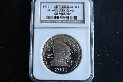 2000 P LEIF ERICSON COMMEMORATIVE SILVER DOLLAR NGC PF 69 ULTRA CAMEO  - Image 1 of 4
