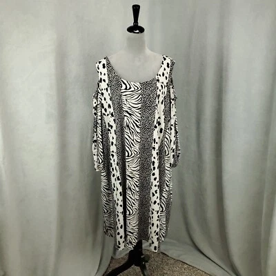 Cato Dress Womens 26 28W Black White Animal Print Striped Cold Shoulder Shift - Image 1 of 4