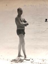 1965 Affectionate Shirtless Muscular Man Trunks Bulge Sea Gay int Vintage Photo