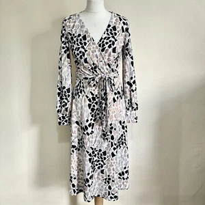 H&M Richard Allen Dress Size S Pattern V Neck Long Sleeve Crepe Wrap Tie Belted - Picture 1 of 16
