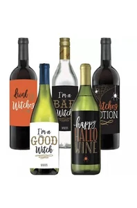5 Wicked Bottle Labels Halloween Fun Party Wine Champagne Spiders Witches NIP - Picture 1 of 5