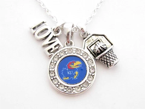 Kansas Jayhawks Multi Charm Love Basketball Blue Silver Necklace Jewelry KU Cover
