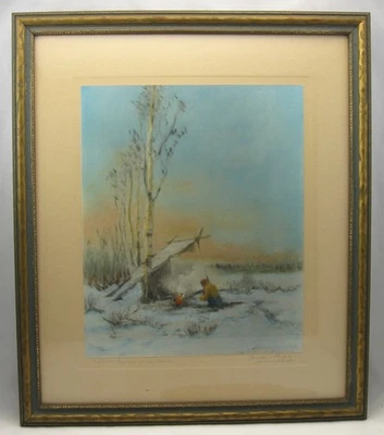 20 世纪初悉尼劳伦斯油素描(油粉彩)“阿拉斯加印第安本土营地” — 第 1/4 张图片