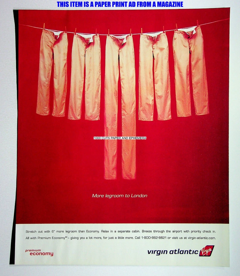 Cartel publicitario de revista Virgin Atlantic Airlines More Legroom 2001 impresión comercial Foto 1 de 2