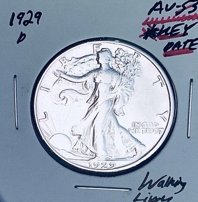 1929-D GEM AU+++!  ¡FECHA LLAVE MONSTRUO!  EE. UU. MEDIO DÓLAR WALKING LIBERTY.  WOW! Foto 1 de 2
