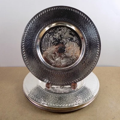 6 Silverplate 12" Charger Plates Dragon & Phoenix Etched EPNS Hong Kong - Image 1 of 4
