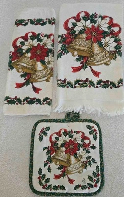 Cecil Saydah Co. Three Piece Kitchen Towel Set Bells  & Poinsettias-Vintage-NEW - Image 1 of 4