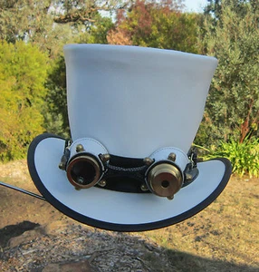 WHITE LEATHER MEN & WOMENS RETRO STYLE STEAMPUNK TOP HAT W. AVIATOR GOGGLES - Picture 1 of 1