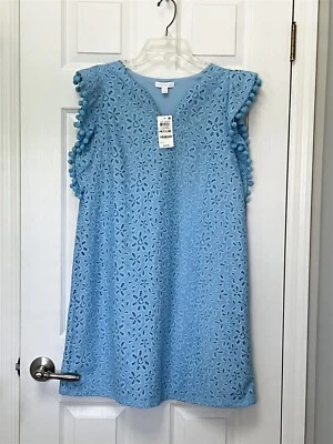 NWT Charter Club Petites Size PL Pale Blue Glacier Eyelet Pom Pom Dress $79.50 - Image 1 of 4