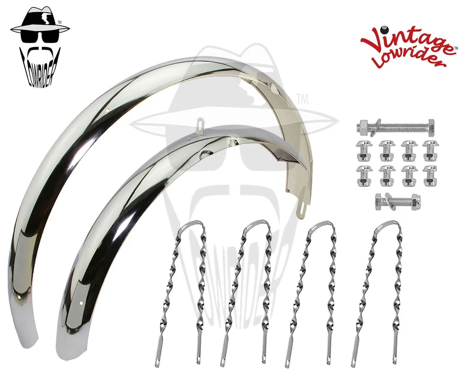 Juego de guardabarros cromados vintage Lowrider 26" clásico estándar peso medio con soportes retorcidos Foto 1 de 1