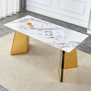 63"x31.5x30" Luxurious Cold Jade Slab Dining Table with Golden Stainless Steel B - Picture 1 of 11