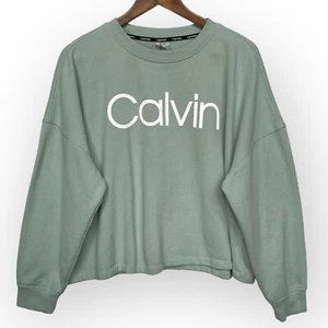 Calvin Klein Cropped Sweater Women Size XL Green Crew Neck Long Sleeve Spell Out - Picture 1 of 10