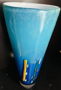 Murano Art Glass Blue Vase with Multicolor Millefiori Murines Latticino Designs - Picture 1 of 3